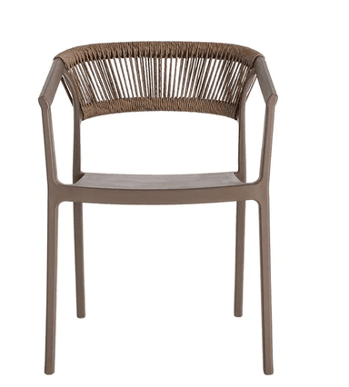 A modern armchair with a durable synthetic frame and a woven backrest. The seat is a solid molded piece. The chair has four legs and armrests. — 3D model