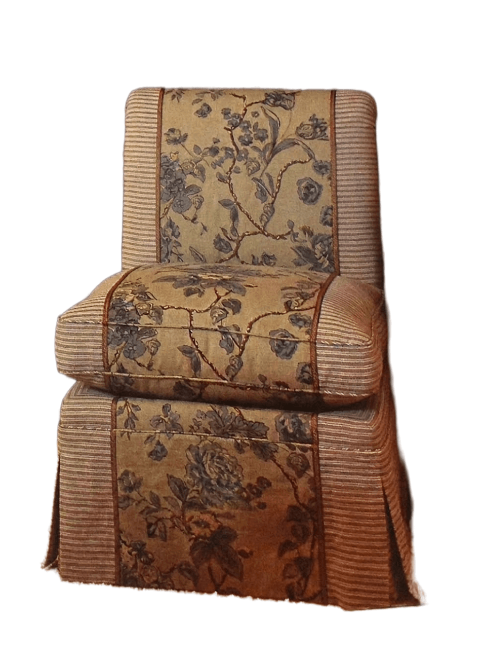 A upholstered chair with a floral pattern on the main body and a striped pattern on the sides and back. It features a distinct layered cushion design for the seat and backrest. The chair has a skirted base. — 3D model