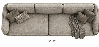 A contemporary three-seater sofa, viewed from the back. It features a neutral-toned fabric upholstery with distinct vertical panel stitching on the lower backrest and a contrasting central panel. The sofa has three individual back cushions and rests on sleek, dark-finished metal legs, indicating a modern aesthetic. — 3D model