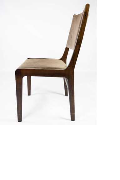 A mid-century modern dining chair featuring a dark stained wooden frame and upholstered seat and back in an olive-brown ribbed fabric. — 3D model
