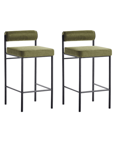 A pair of contemporary industrial bar stools featuring black metal frames and olive green upholstered seats and backrests. Each stool has a square upholstered seat cushion and a distinct cylindrical upholstered backrest. The minimalist metal frame includes integrated footrests for comfort and stability. — 3D model