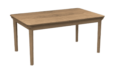A rectangular wooden dining table, featuring a natural light oak finish and a design that suggests it is extendable. The tabletop has visible seams indicating extension leaves, and it is supported by four sturdy, square-profile legs. — 3D model