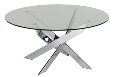 A modern round coffee table featuring a clear glass tabletop supported by a striking geometric chrome-plated metal base. The base is composed of several intersecting, flat chrome bars that create an X-like or starburst pattern, providing a sculptural and stable foundation. The glass top is secured by small, clear cylindrical spacers. — 3D model