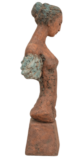 A figurative sculpture depicting the torso of a female figure, crafted from a reddish-brown terracotta or clay. The surface is highly textured, giving it a rustic or aged appearance. The figure's head is tilted slightly, with eyes closed in a contemplative pose. The shoulders feature distinct, layered wing-like structures with a blue-green patina, contrasting with the main body color. The sculpture is mounted on an integrated, simple rectangular plinth of the same material and finish. — 3D model