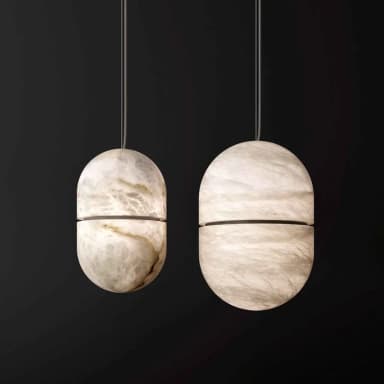 An elongated capsule-shaped pendant light crafted from translucent, naturally veined alabaster, suspended by a thin cord. The stone allows light to diffuse softly, showcasing its organic patterns. — 3D model