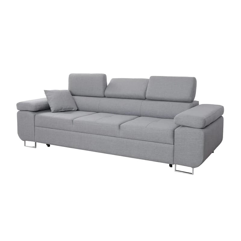A modern three-seater sofa upholstered in light grey fabric, featuring adjustable headrests, padded track arms, and chrome-finished metal sled legs. — 3D model