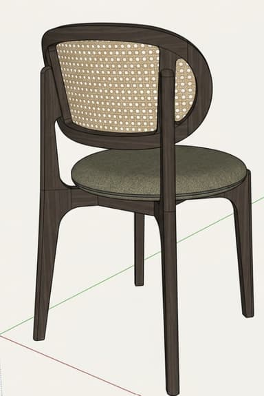 A modern side chair featuring a dark wooden frame with a distinctive curved backrest. The backrest incorporates a woven cane panel. The seat is upholstered in a textured, neutral-toned fabric. The legs are tapered and angled outwards, contributing to a sleek silhouette. — 3D model