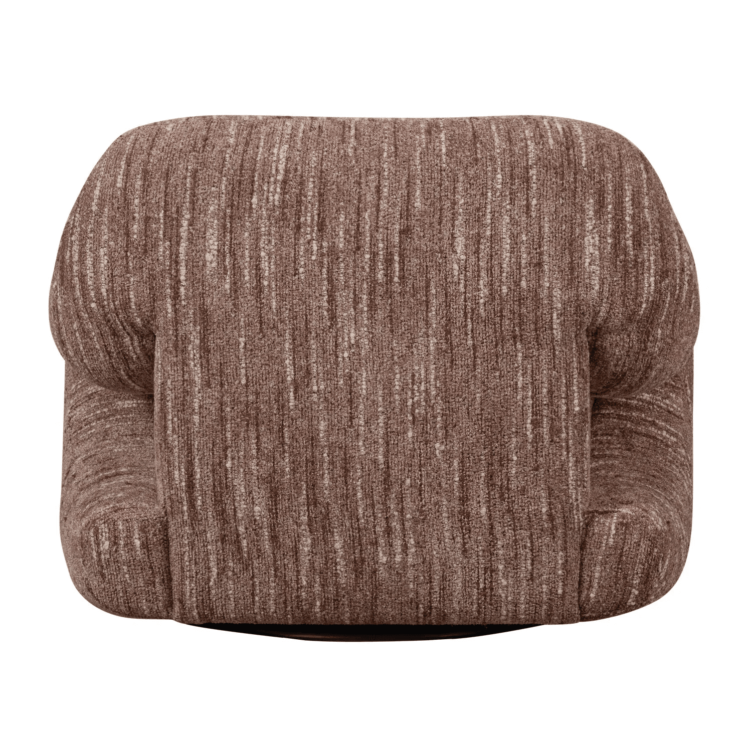A top-down view of a single-seat armchair. The armchair features a textured upholstery with a vertical stripe pattern in shades of brown and off-white. The arms and seat are integrated into a single, rounded form, suggesting a modern or transitional style. The base is not fully visible but appears to be a dark, possibly black, swivel base. — 3D model
