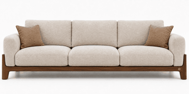 A modern three-seater sofa featuring a distinctive exposed dark wood frame that forms the base, legs, and partial arms. It has light-colored, textured fabric upholstery for the seat and back cushions, accompanied by two smaller brown throw pillows. — 3D model