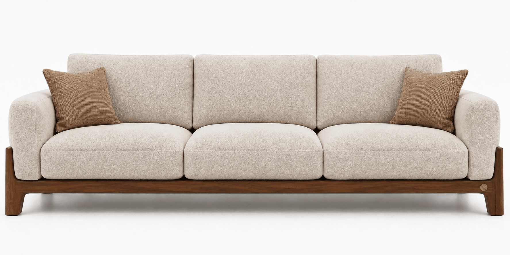 A modern three-seater sofa featuring a distinctive exposed dark wood frame that forms the base, legs, and partial arms. It has light-colored, textured fabric upholstery for the seat and back cushions, accompanied by two smaller brown throw pillows. — 3D model