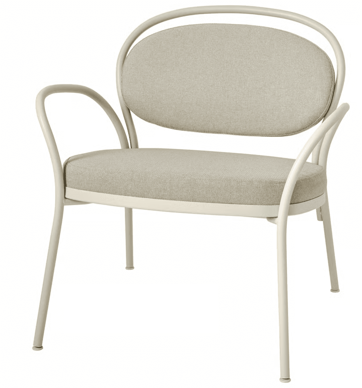 An armchair with a light-colored bent tubular metal frame and separate upholstered seat and back cushions in a neutral fabric. — 3D model