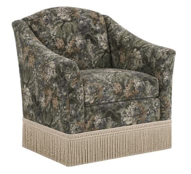 A fully upholstered armchair with a rounded back and arms, featuring a dense floral pattern in green, brown, and cream tones. The base of the armchair is adorned with a thick, beige fringe. The overall form suggests a classic or transitional style. — 3D model