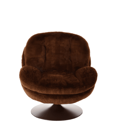 A deep brown faux fur swivel lounge chair featuring a plush, enveloping design for maximum comfort. The chair sits on a flat, circular black metal base, allowing for 360-degree rotation. The upholstery has a soft, shaggy texture, and the seat and back appear to be subtly tufted or cushioned to enhance its inviting feel. Its rounded, substantial form gives it a cozy and contemporary aesthetic. — 3D model