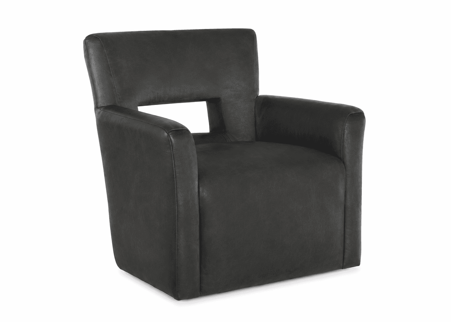A modern, dark charcoal gray upholstered accent armchair featuring a distinctive rectangular cut-out integrated into its backrest. The chair has integrated armrests and a compact, boxy silhouette. — 3D model