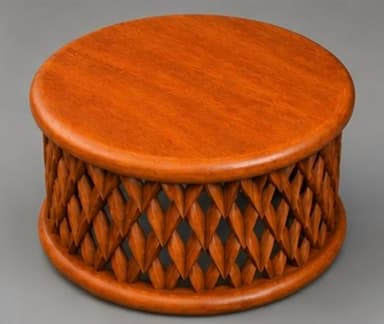 A small, cylindrical wooden table featuring a unique, intricately carved side panel. The top and bottom rims are smooth and rounded, providing a polished frame for the main body. The central section is composed of numerous interlocking, heart-shaped or pointed leaf-like wooden pieces, arranged in an open-work lattice pattern. The wood exhibits a warm, medium brown tone with visible grain, suggesting a natural finish. The design creates visual texture and allows light to pass through, contributing to its decorative appeal. — 3D model