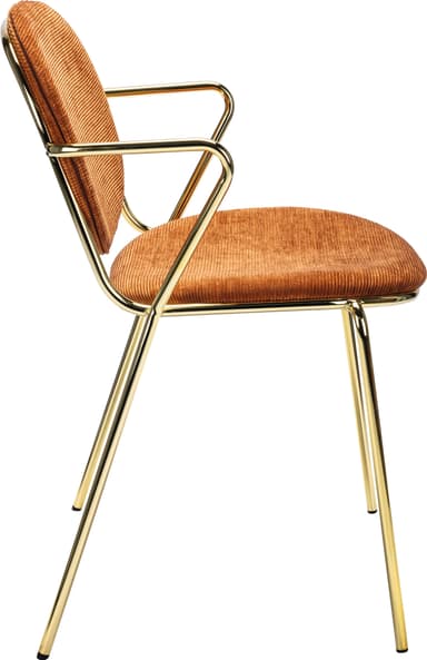 A modern armchair featuring a polished gold-finished tubular metal frame and rust-colored corduroy upholstery on the seat and backrest. — 3D model