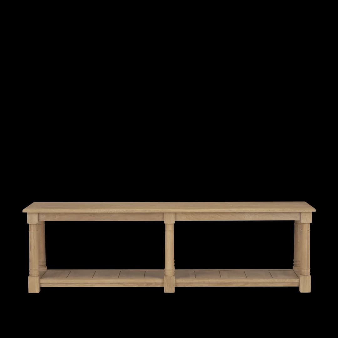 A long, narrow wooden table with a solid top supported by four turned legs. It features a lower shelf with slatted construction, divided into two sections by the central legs. The design is simple and functional, with a natural wood finish. — 3D model