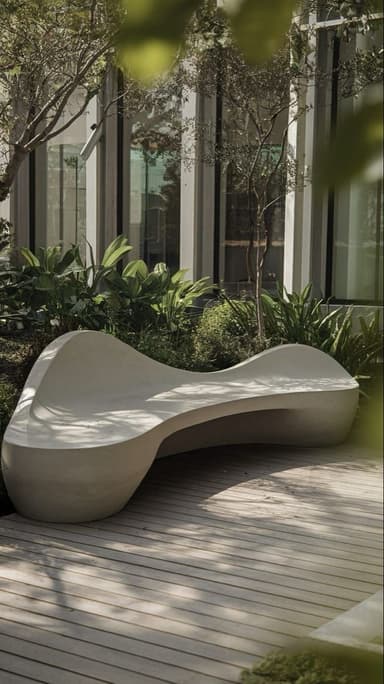 A modern, organically shaped bench with a smooth, continuous surface. The bench features a flowing, curvilinear design, resembling a stylized hourglass or a biomorphic form. Its form is ergonomic, suggesting seating for multiple individuals along its length. The material appears solid and durable. — 3D model