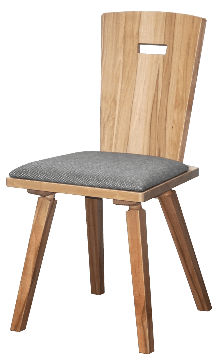 A contemporary dining chair featuring a light-toned solid wood frame and a grey fabric upholstered seat. The backrest is a single piece of curved wood with an integrated rectangular handle cutout. The chair stands on four splayed, rectangular wooden legs. — 3D model
