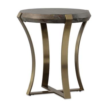 A round accent table featuring a distressed, textured wood top and a sculptural brass-toned metal base composed of a central vertical support and two opposing curved legs. — 3D model