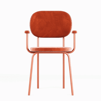 A modern armchair with a velvet upholstery in a deep purple color. The chair features a rounded backrest and seat, with slightly curved armrests that transition into a polished metal frame. The frame has a U-shaped base that supports the seat and legs. The armrest tops are also padded and upholstered. — 3D model