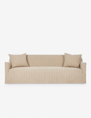 A modern upholstered loveseat featuring a skirted base and two back cushions, covered in a light beige fabric with subtle black vertical stripes. — 3D model