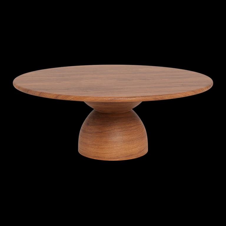 A small, round wooden pedestal table with a flat, circular top and a distinctive, sculpted inverted-bell-shaped base. The wood has a visible grain and a warm, medium-brown tone, suggesting a natural hardwood material. The design is clean and minimalist. — 3D model