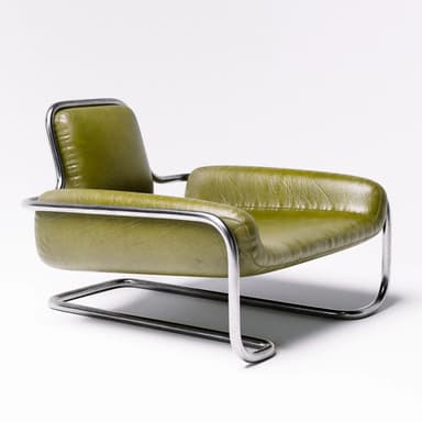 A Modernist lounge chair featuring a continuous tubular chrome frame that forms the base, armrests, and back support, upholstered in green leather or faux leather for the seat, backrest, and armrest pads. — 3D model