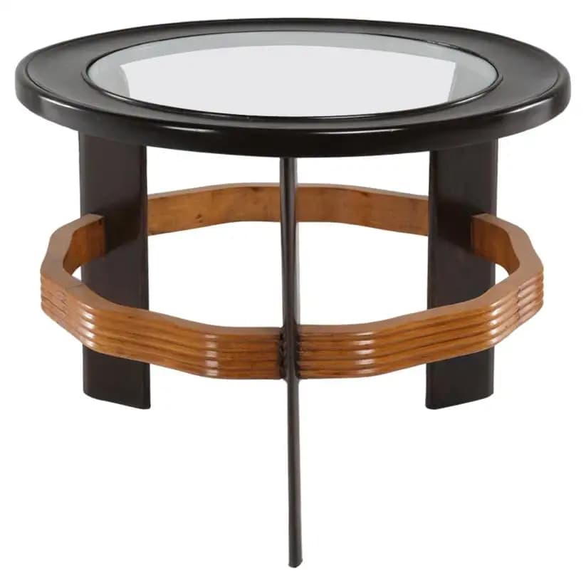 A round accent table featuring a black lacquered wood top with a recessed glass insert. The base consists of four vertical dark-finished supports, through which a central metal rod descends to the floor. A multi-layered bentwood ring, light brown in color, encircles the base, connecting the vertical supports and adding a decorative and structural element. The table presents a blend of modern and classic design elements. — 3D model