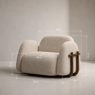 A contemporary lounge armchair featuring a unique, sculptural design. It is upholstered in a textured, off-white bouclé fabric, providing a soft and inviting appearance. The chair has generous, rounded forms for the seat, backrest, and armrests. A distinctive dark brown wooden structure wraps around the sides, supporting the armrests and adding a contrasting material element to the design. The overall aesthetic is organic and plush, designed for comfort and visual appeal. — 3D model