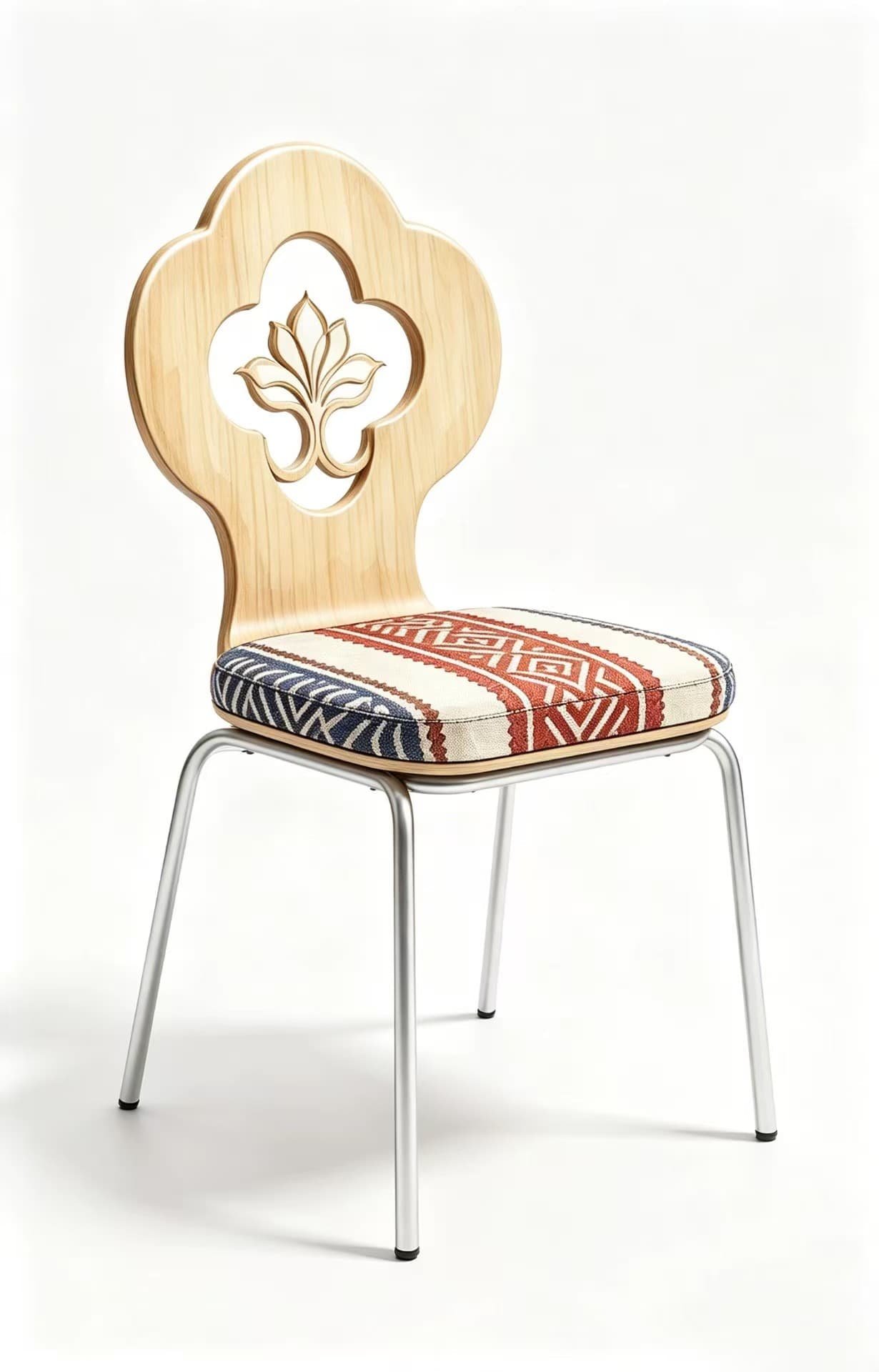 A modern side chair featuring a light wood backrest with an elaborate carved cutout design, a thickly padded upholstered seat with a multi-colored geometric pattern, and slender silver-toned metal legs. The chair has a sleek contemporary silhouette combined with traditional decorative elements. — 3D model