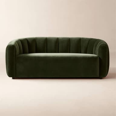 A modern sofa upholstered in deep olive green velvet, featuring a continuous, channel-tufted backrest and broad, rounded armrests that seamlessly flow into the back. The seat cushion is flat and integrated into the overall minimalist design. The sofa has a low profile with a concealed base. — 3D model