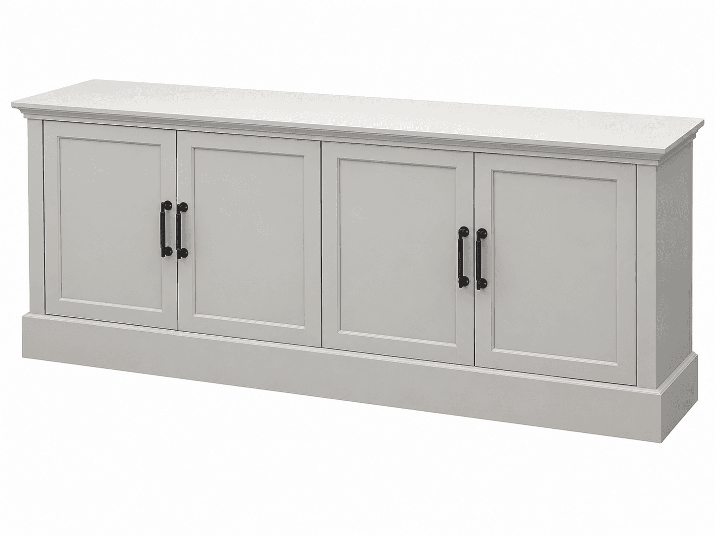 A long, rectangular storage cabinet featuring four solid cabinet doors with recessed panel detailing. It is finished in a light gray or off-white color and features contrasting black bar pull handles. The top surface is flat with a subtle molded edge, and the unit is supported by a plinth base. — 3D model