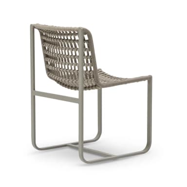 An armless chair featuring a gray tubular metal frame with a sled base, and a woven beige synthetic rope forming the seat and backrest. The design is modern and minimalist. — 3D model