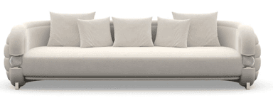 A cream-colored sofa with a curved back and arms. It features five matching throw pillows on the backrest and a plush seat cushion. The arms have a rounded, segmented design with decorative spherical accents made of glass-like material and polished metal trim. The sofa is supported by slender, angled legs. — 3D model