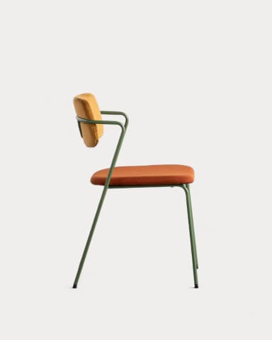 A contemporary armchair with a slender green tubular metal frame, featuring a gold velvet upholstered backrest and a rust-orange woven fabric upholstered seat. The frame extends to form integrated armrests. — 3D model