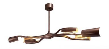 A modern chandelier featuring a sculptural, wavy frame with a bronze finish, adorned with multiple curved golden brass shades that diffuse light. The design is fluid and organic, suspending from a single stem and circular canopy. — 3D model