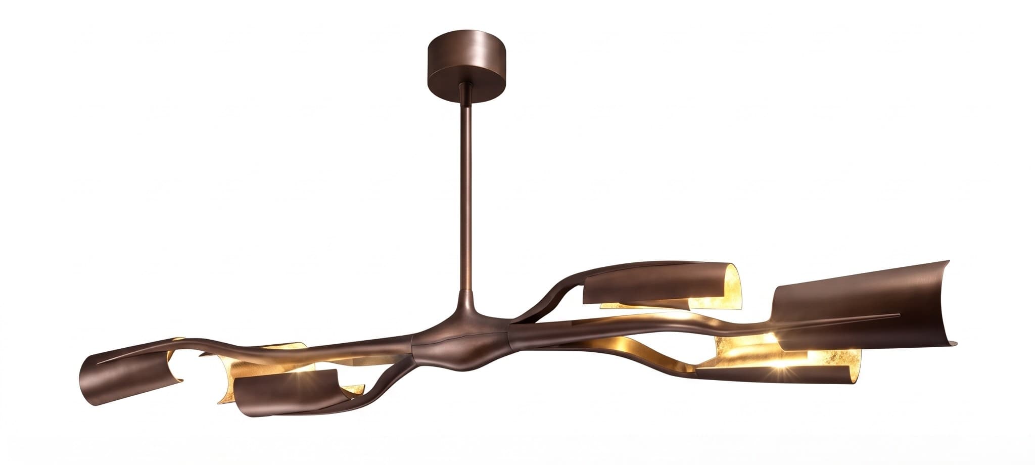 A modern chandelier featuring a sculptural, wavy frame with a bronze finish, adorned with multiple curved golden brass shades that diffuse light. The design is fluid and organic, suspending from a single stem and circular canopy. — 3D model