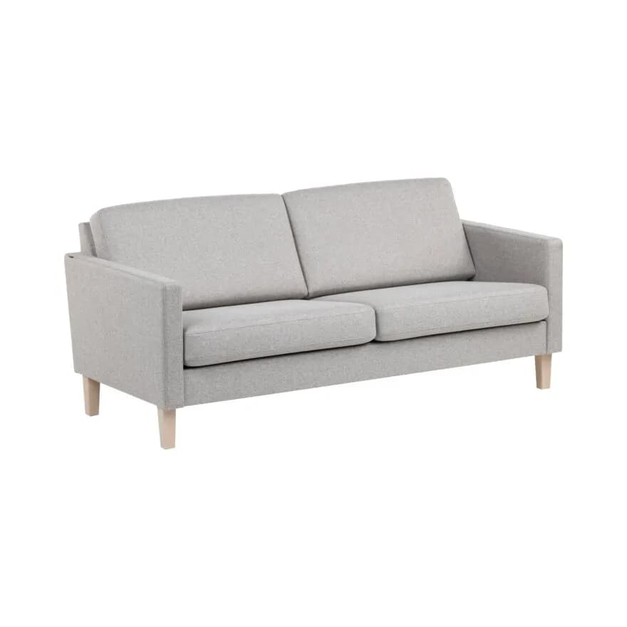 A light gray two-seater sofa with a clean, modern design. The sofa features a rectangular silhouette with slightly rounded arms. It is upholstered in a textured fabric and supported by four tapered wooden legs. The seat and back cushions are separate and appear to be plush. — 3D model