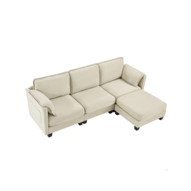 A contemporary modular sectional sofa in a light beige or off-white fabric, configured as a three-seater with an integrated left-hand chaise lounge. It features plush back and seat cushions, wide sloped armrests, and rests on short, dark square legs. — 3D model