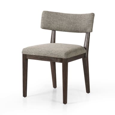 A side chair with a wooden frame and upholstered seat and backrest. The frame has a dark finish and appears to be constructed from solid wood. The seat is rectangular and the backrest is composed of two curved upholstered panels attached to a wooden support. The legs are straight and slightly tapered. — 3D model