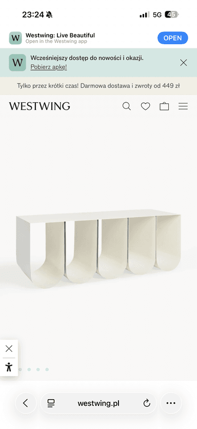 A low, rectangular bench or console table, featuring five U-shaped, inverted arch supports that also form the legs. It appears to be made from a single, solid material, likely engineered wood, finished in a light, off-white or cream color. The design is minimalist and sculptural. — 3D model