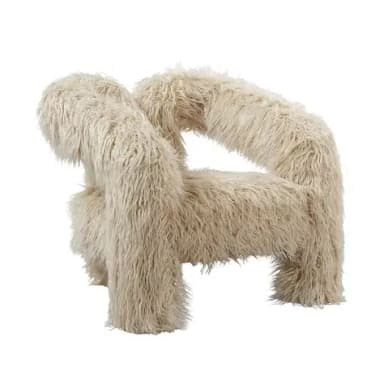 A contemporary armchair with a distinctive, organic, and sculptural form. The piece is fully upholstered and covered in a long-pile, shaggy faux fur material. Its structure is characterized by curved, continuous lines forming the seat, backrest, and armrests, with integrated legs that emerge from the main body, giving it a solid and somewhat monolithic appearance. The overall design suggests a statement piece, aiming for both comfort and visual impact. — 3D model