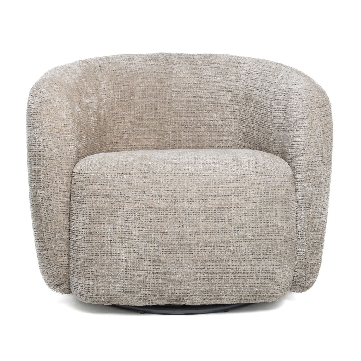 A contemporary armchair with a rounded, barrel-shaped silhouette. The upholstery features a textured weave pattern. The base appears to be a swivel mechanism. — 3D model