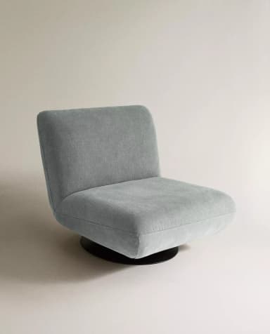 A contemporary swivel lounge chair with a low profile and rounded, organic forms. It features light bluish-grey textured fabric upholstery and sits on a dark, conical swivel base, suggesting modern design and comfort. — 3D model