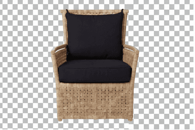 A woven armchair with a high back, featuring a square seat cushion and a rectangular back cushion. The frame and seat base are constructed from woven natural fibers, exhibiting a basketweave pattern. The armrests are curved and made from a similar woven material. The cushions are upholstered in a dark fabric, contrasting with the natural tone of the woven frame. — 3D model