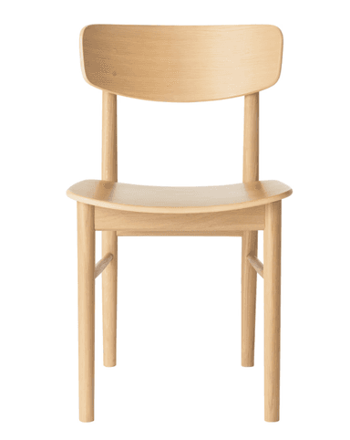 An armless dining chair constructed entirely from light-toned wood, likely oak or ash, with a natural finish. It features a gently curved backrest and a contoured seat, supported by four round, tapered legs reinforced with horizontal stretchers. — 3D model