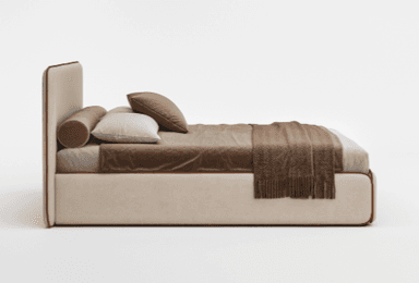A modern upholstered bed frame with a rectangular headboard and a low-profile base. The frame features a rounded edge profile with a contrasting trim. The bed is dressed with linens, a throw blanket, and pillows. — 3D model