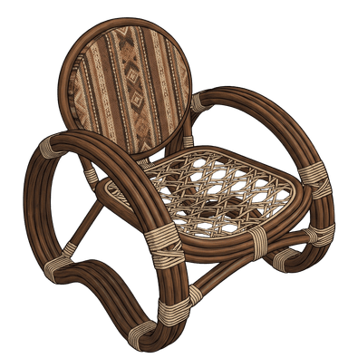 An illustration of a rocking chair crafted from dark brown rattan, featuring a distinctive curved base designed for rocking motion. The seat is a tightly woven rattan pattern, while the circular backrest is upholstered in a fabric with a geometric, tribal-inspired pattern in various shades of brown and beige. The frame's joints are visibly wrapped with lighter-colored cord for reinforcement and aesthetic detail. — 3D model