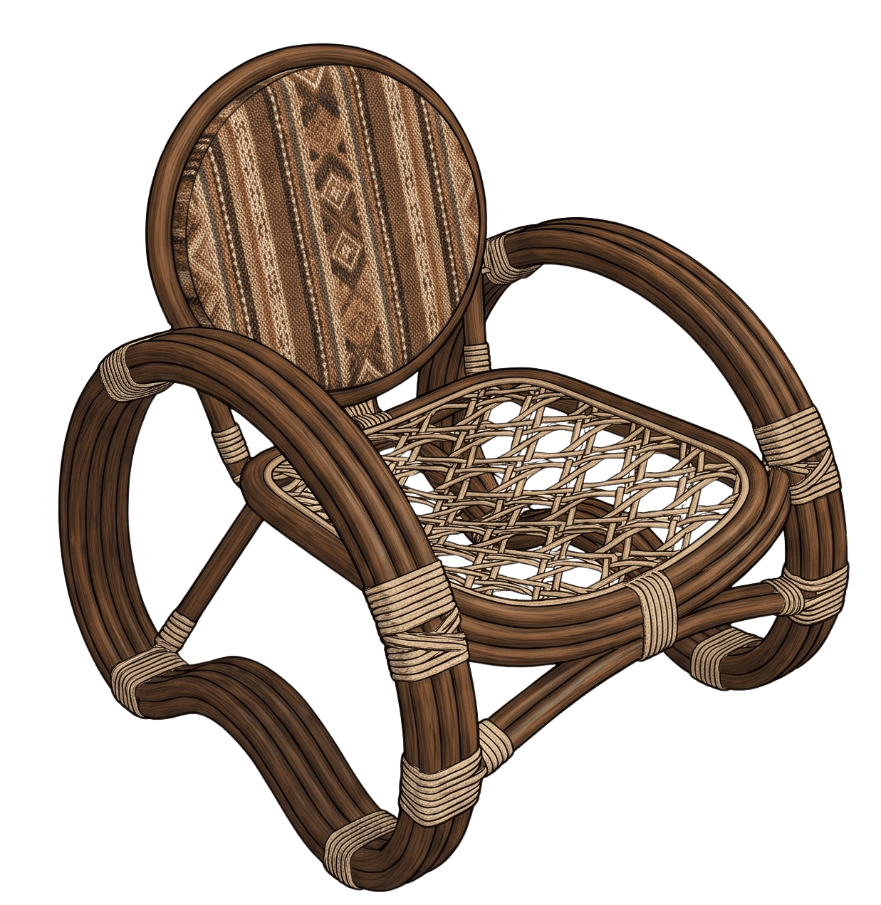 An illustration of a rocking chair crafted from dark brown rattan, featuring a distinctive curved base designed for rocking motion. The seat is a tightly woven rattan pattern, while the circular backrest is upholstered in a fabric with a geometric, tribal-inspired pattern in various shades of brown and beige. The frame's joints are visibly wrapped with lighter-colored cord for reinforcement and aesthetic detail. — 3D model